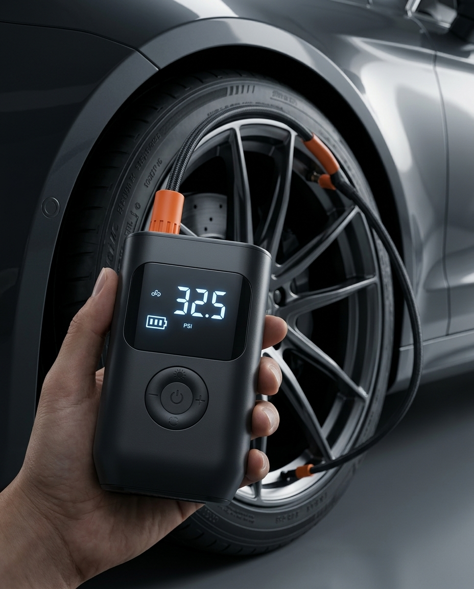 ENLIY AirPresso in der Hand neben einer Autofelge