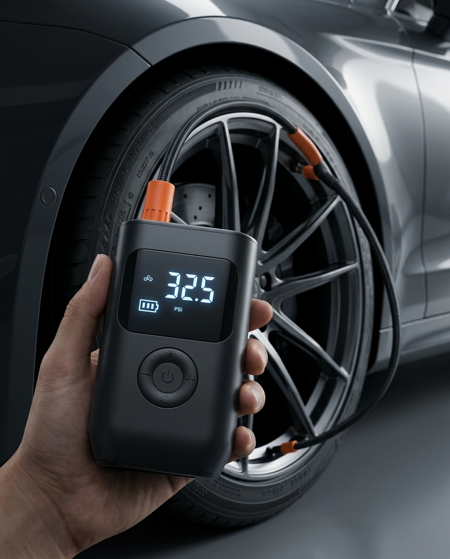 ENLIY AirPresso in der Hand neben einer dunklen Autofelge, Display eingeschaltet