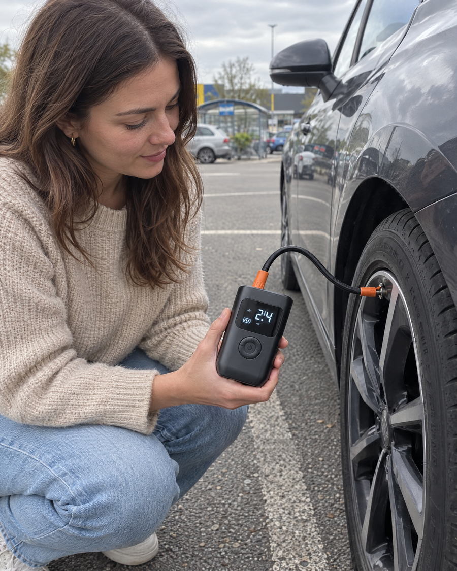 Frau nutzt den ENLIY AirPresso am Vorderreifen auf einem Parkplatz (Anwendungsbeispiel)
