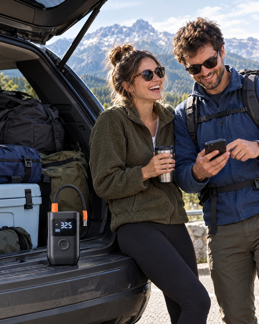 ENLIY AirPresso auf dem Roadtrip im Kofferraum (Anwendungsbeispiel)